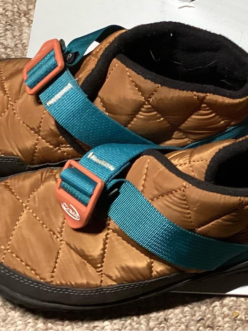 Chaco Quilted Brown Ankle Booties with Teal Straps and Orange Buckles